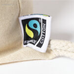 Mochila saco algodón Fairtrade detalle etiqueta