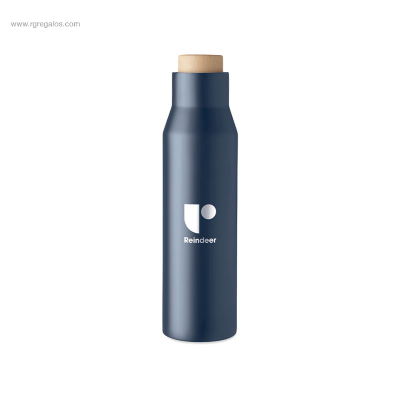 Botella termo acero inox y bambú azul con logo