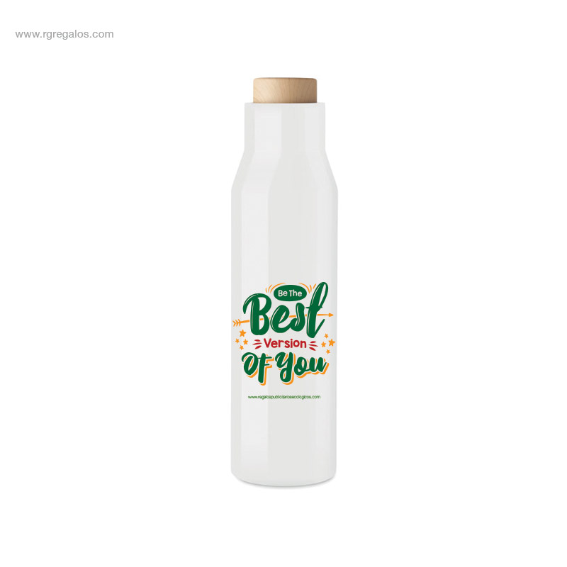 Botella termo acero inox y bambú blanca logo full color